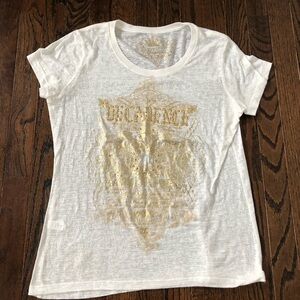 Express Women’s L Off-White Semi-Sheer “Decadence” Gold Studded Short-Sleeve Top